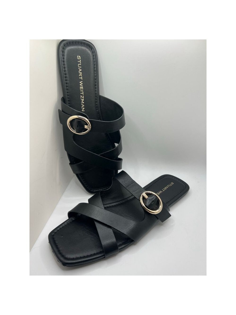 Stuart Weitzman Black Gold Buckle Flat Sandals Size 9.5